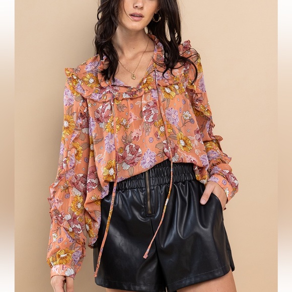 35 Boho Flower Print Front Tie Blouse - Picture 2 of 5